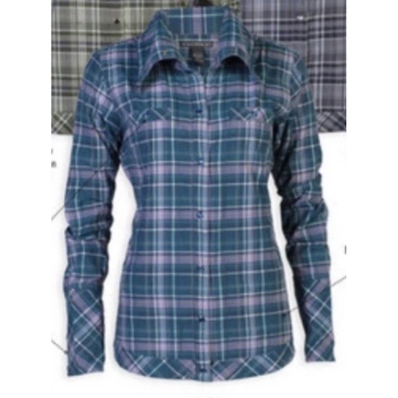 NWT EXOFFICIO Alba Plaid Funnel‎ Neck Shirt Jacket SMALL Teal Purple Gorpcore - Picture 1 of 8